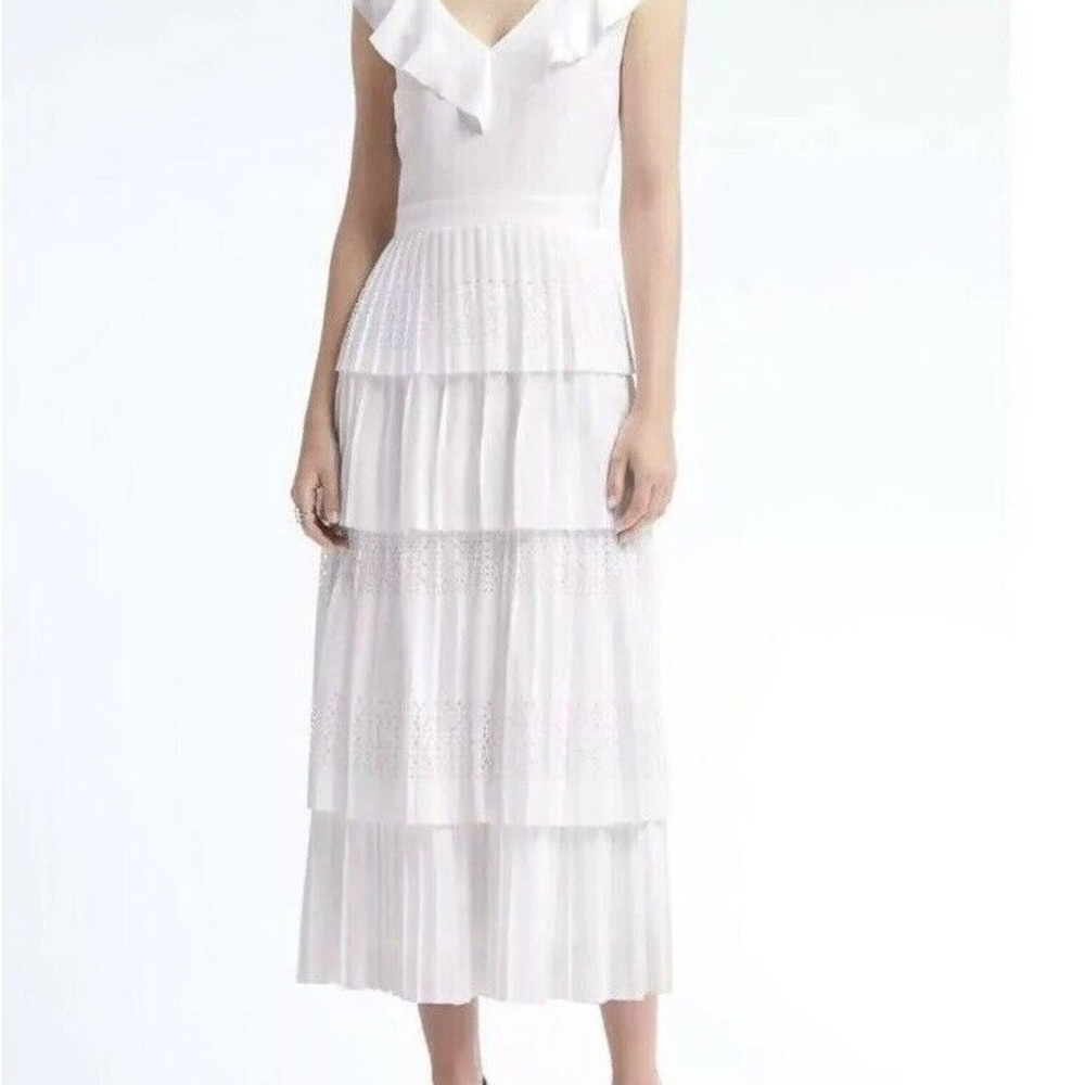 Banana Republic Laser Cut Pleated Cocktail Dress with Ruffled V Neck